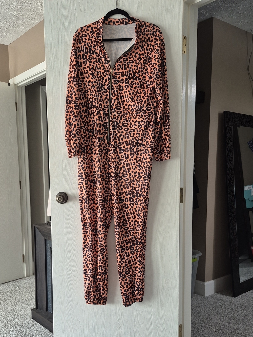 Leopard Print Zip-Front Jumpsuit - Coral and Black